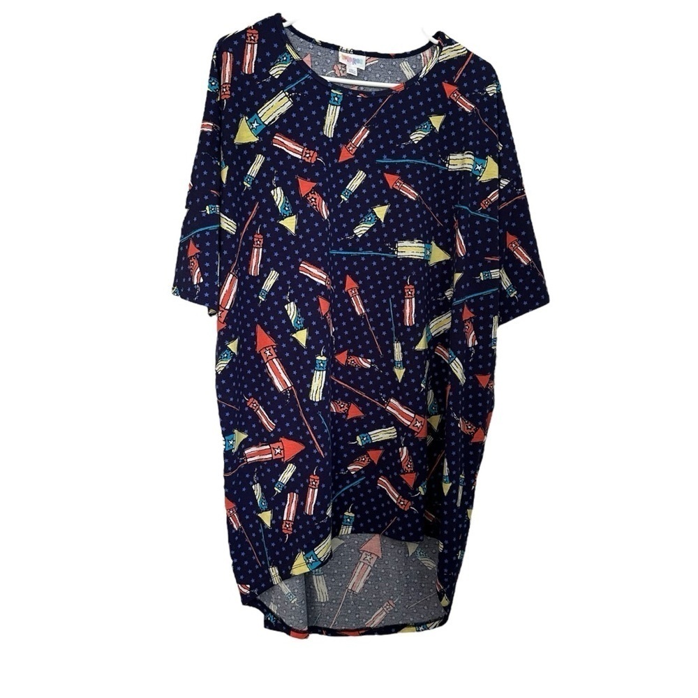 LulaRoe Irma Tunic Top Firecracker Print Navy & Red July 4th Festival Sz L